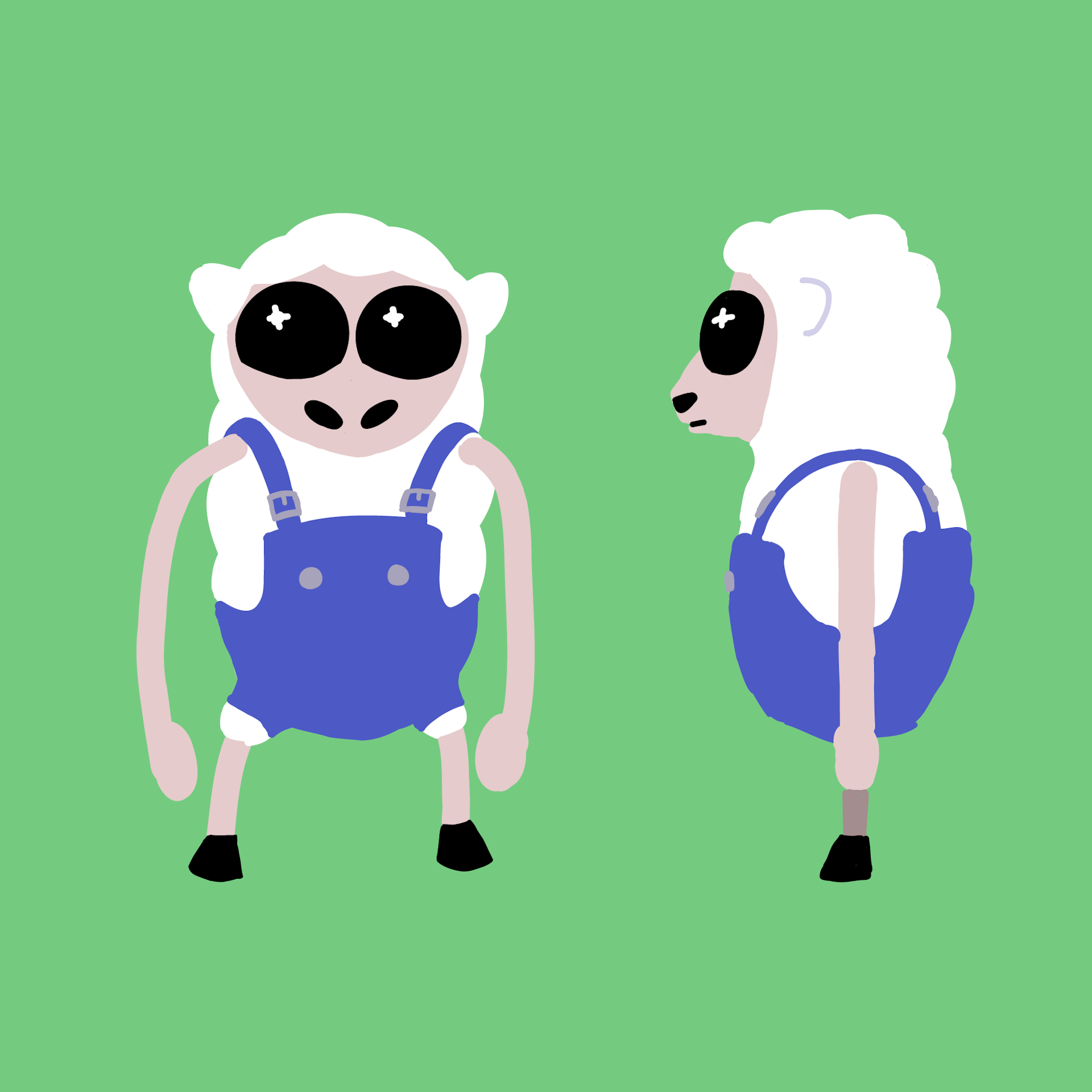 An alien looking sheep scetched from the front and the side on a green background